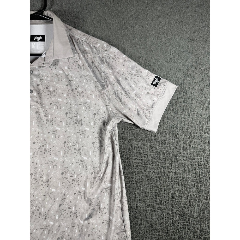 Waggle Mens Golf Polo Shirt Gray Moose Nature Print Performance Stretch Size M - Picture 2 of 11